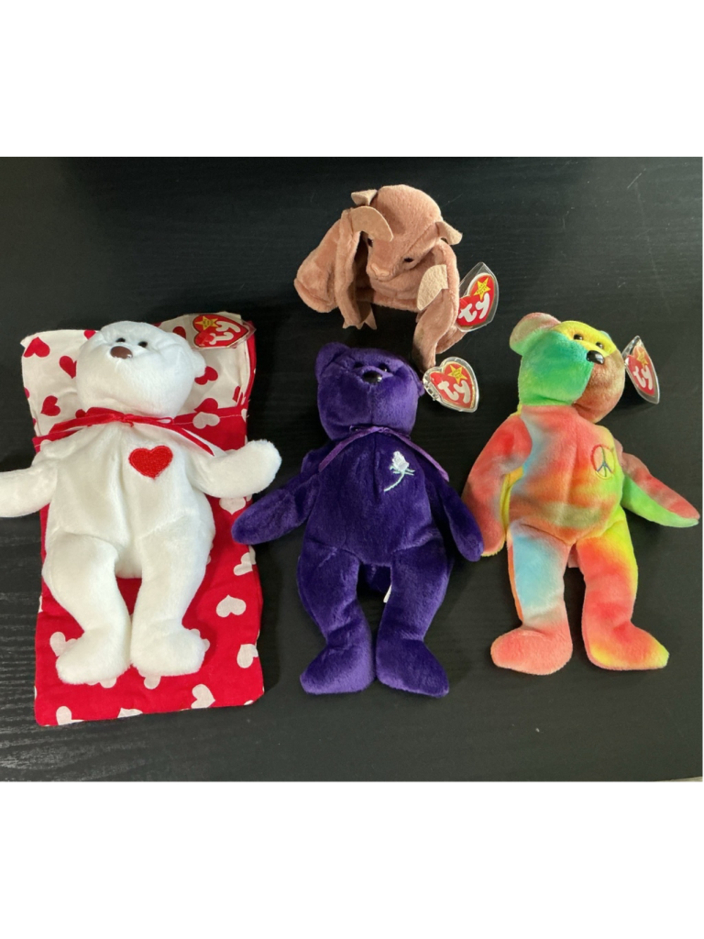 Vintage Ty Beanie Babies Lot of 4 - Princess Diana, Peace,Valentino, and Batty.